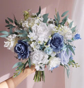 Blue White Rose Wedding Bouquet 38cmW